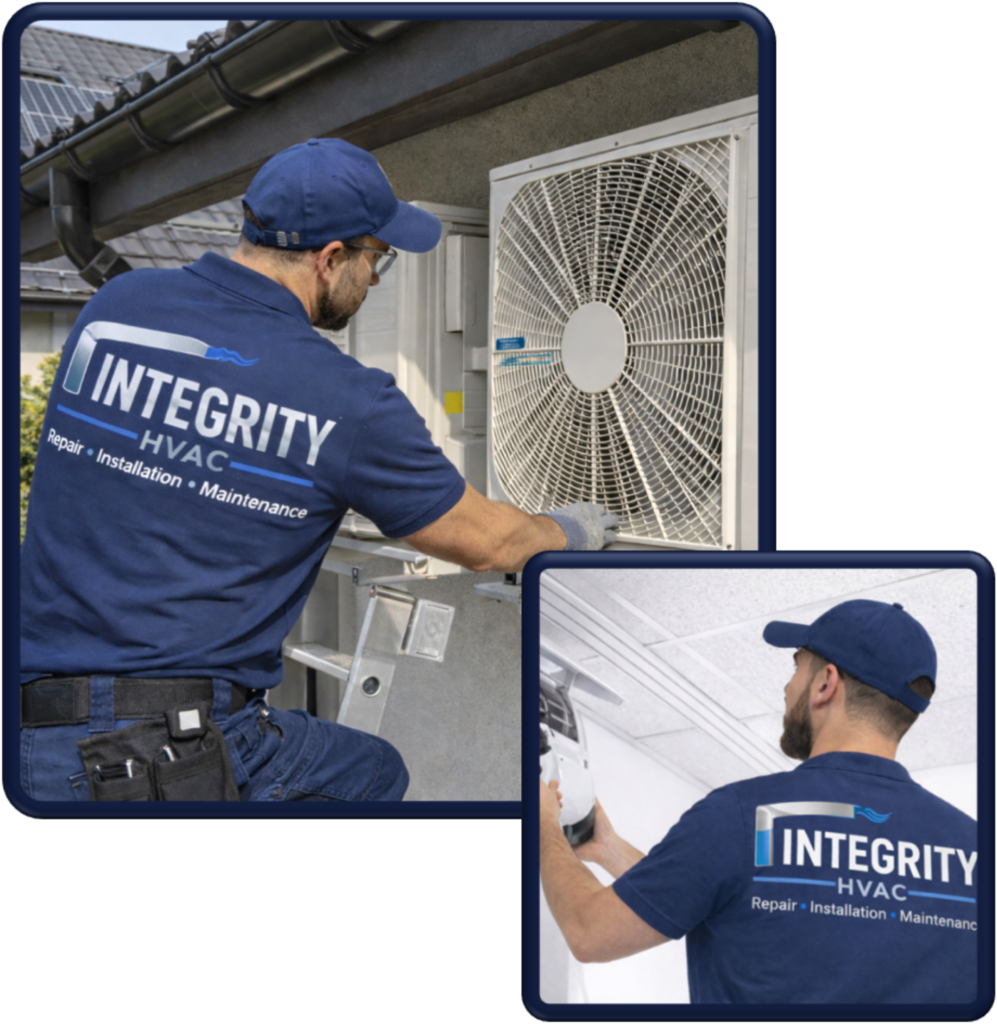 Two HVAC technicians repairing outdoor condenser units
