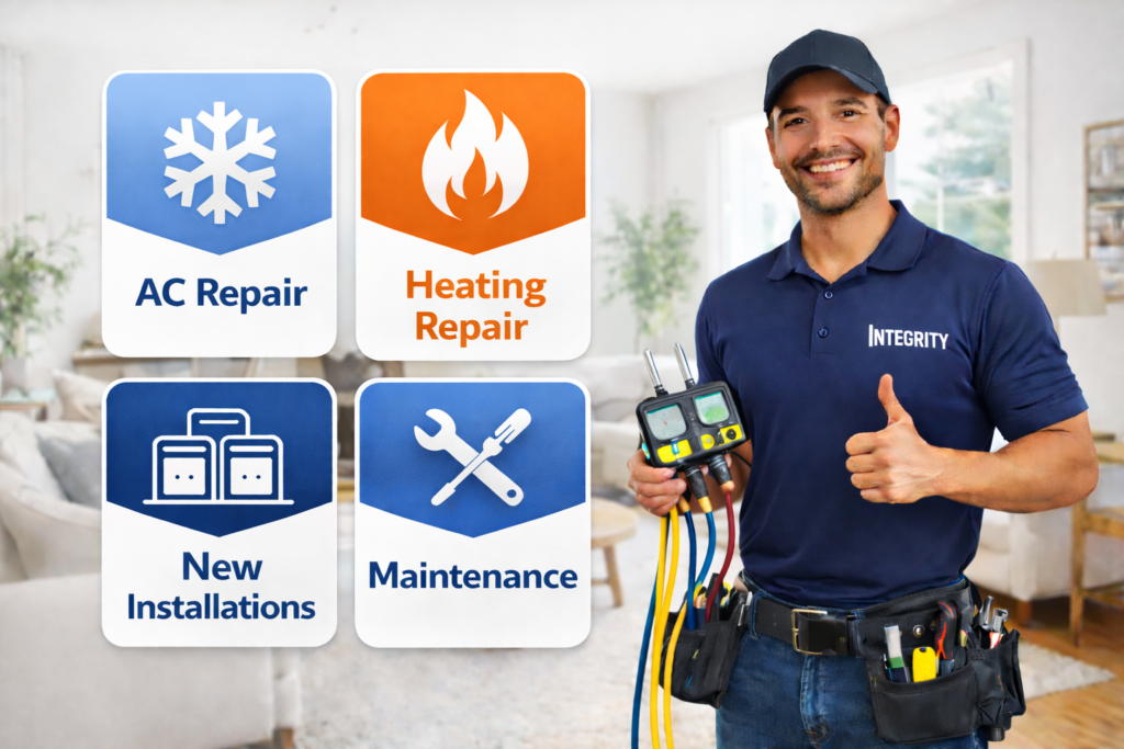 Smiling HVAC technician with service option display buttons