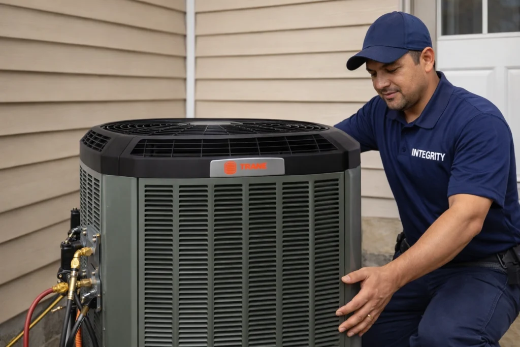 HVAC technician aligning newly installed high-efficiency Trane outdoor unit