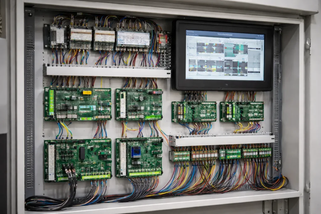 Commercial HVAC building automation control panel with circuit boards and wiring