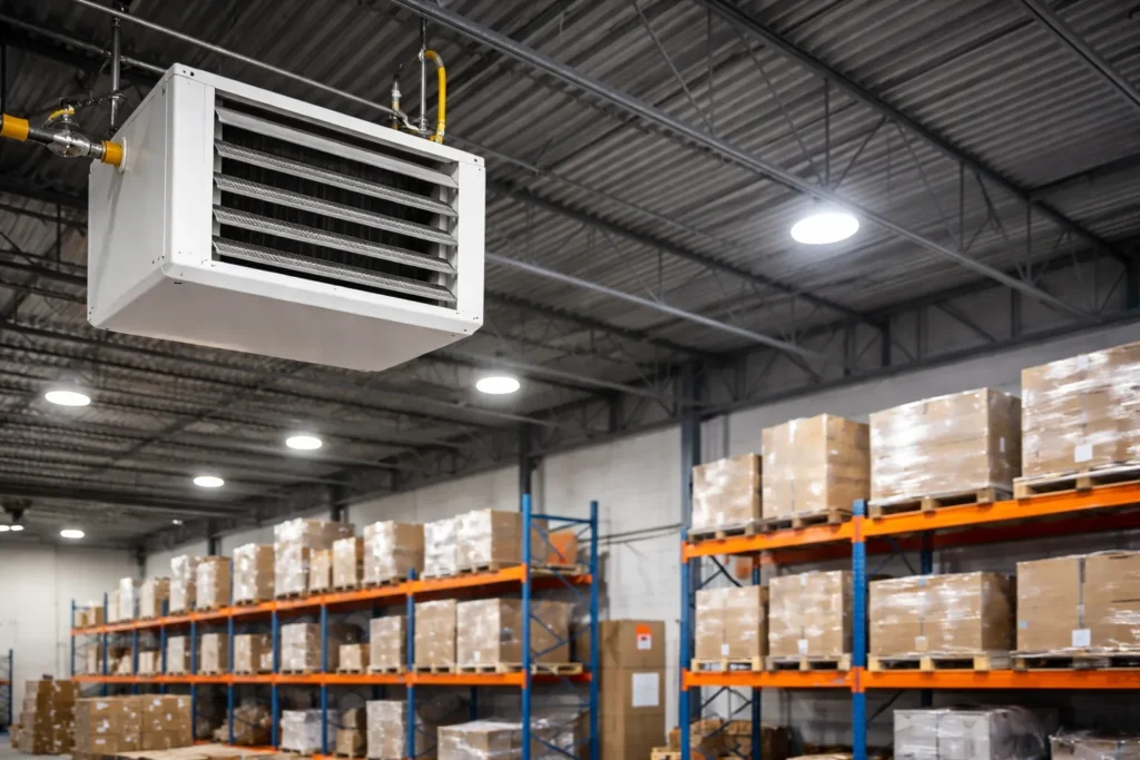 Commercial suspended unit heater installed in warehouse facility
