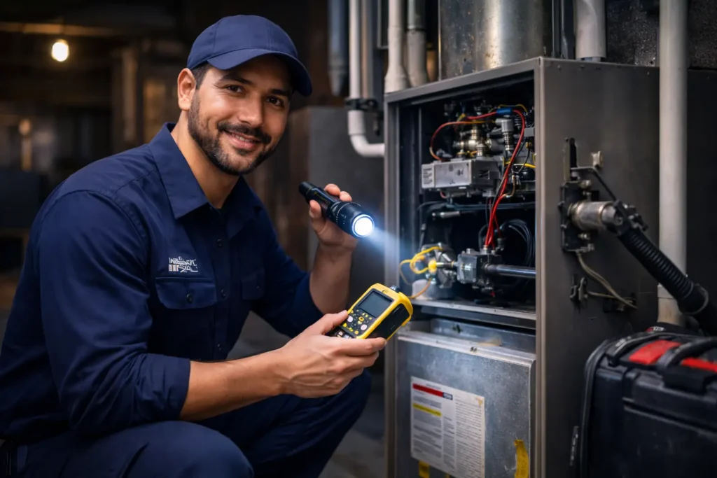 HVAC technician diagnosing a furnace during an emergency repair service in Alexandria VA.