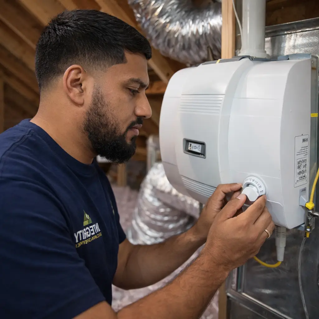 Indoor Air Quality Alexandria VA | HVAC technician installing whole-home humidifier to improve indoor air quality