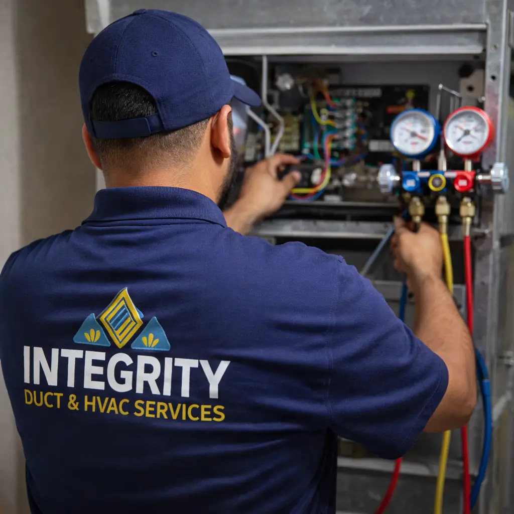 HVAC technician checking refrigerant pressure using manifold gauge set during system service