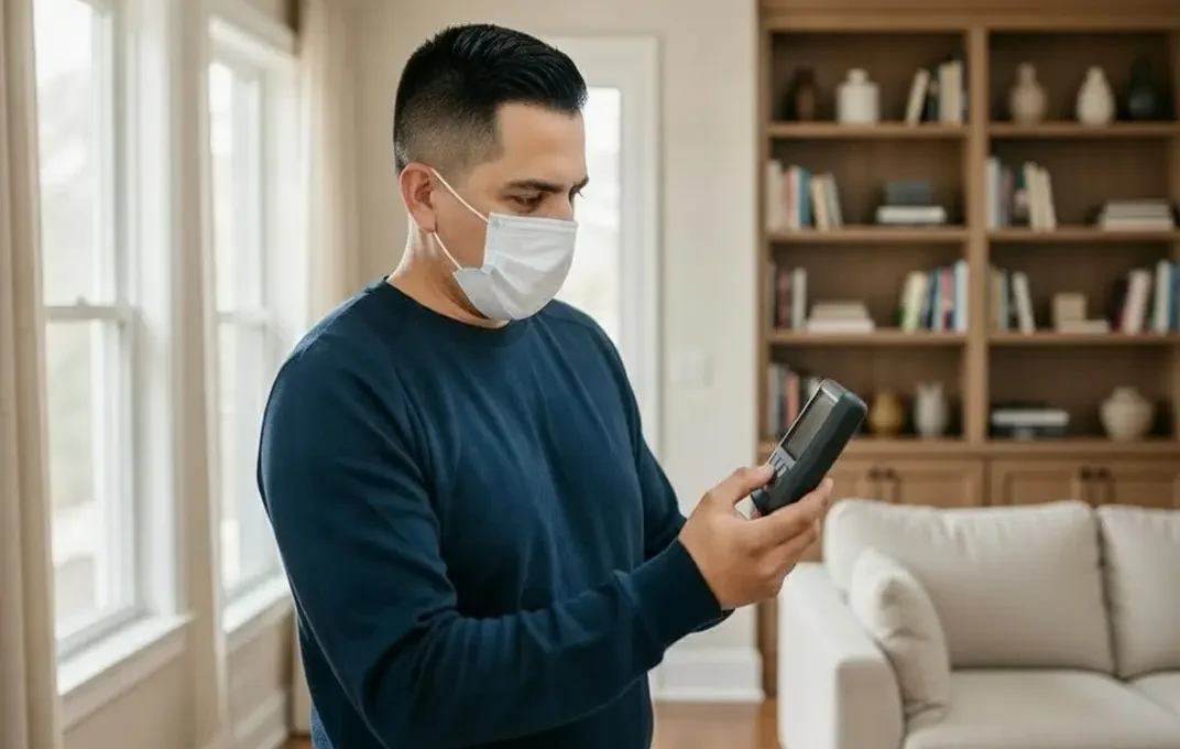Technician measuring indoor air quality levels with handheld monitoring device