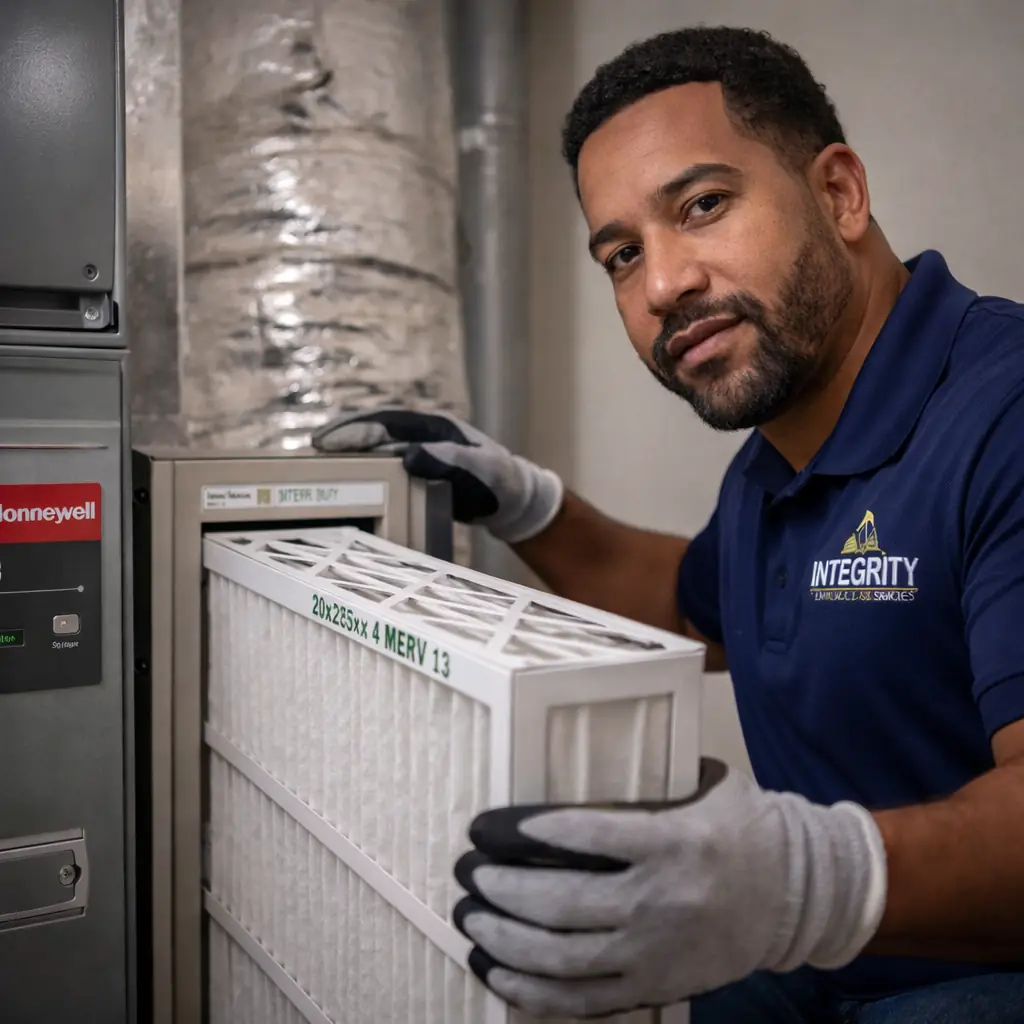 HVAC technician securing high-efficiency air filter in main duct trunk line