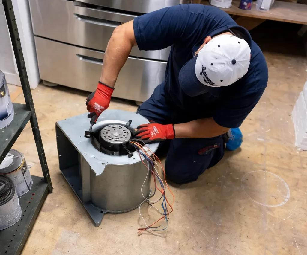 HVAC technician replacing damaged blower motor in furnace air handler