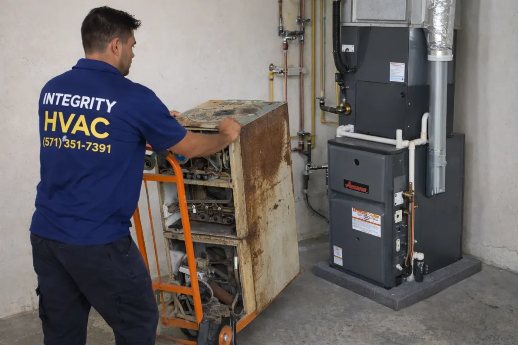 HVAC technician removing old rusted unit after installing new high-efficiency Trane system
