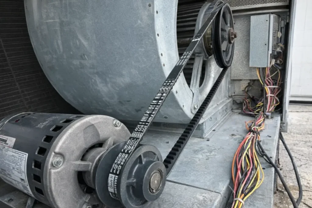 Close-up of HVAC blower motor components with drive belt assembly