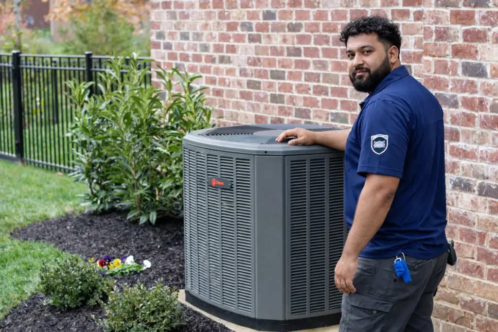 HVAC technician standing beside newly installed Trane condenser unit