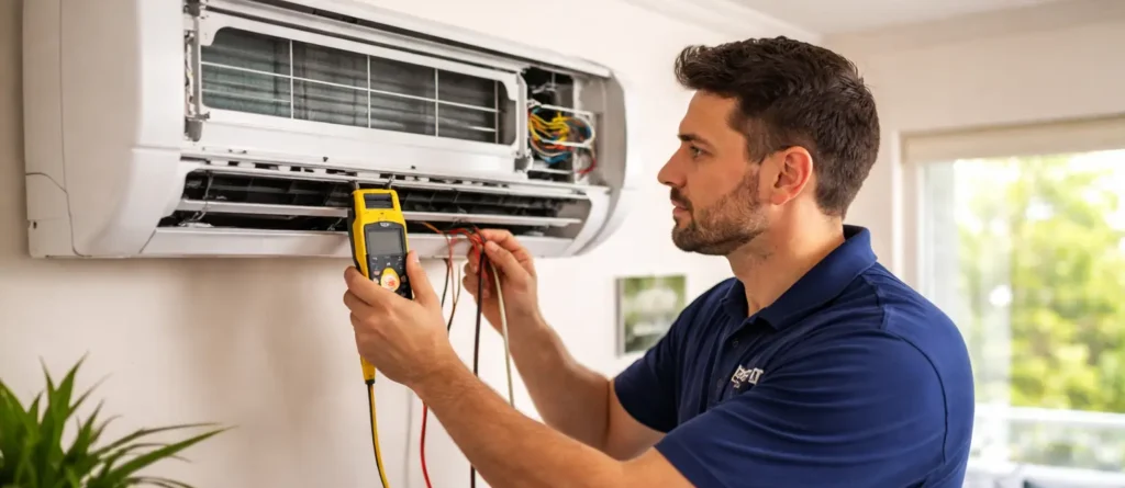 AC Repair Alexandria VA - HVAC technician checking wiring connections inside wall-mounted mini split unit