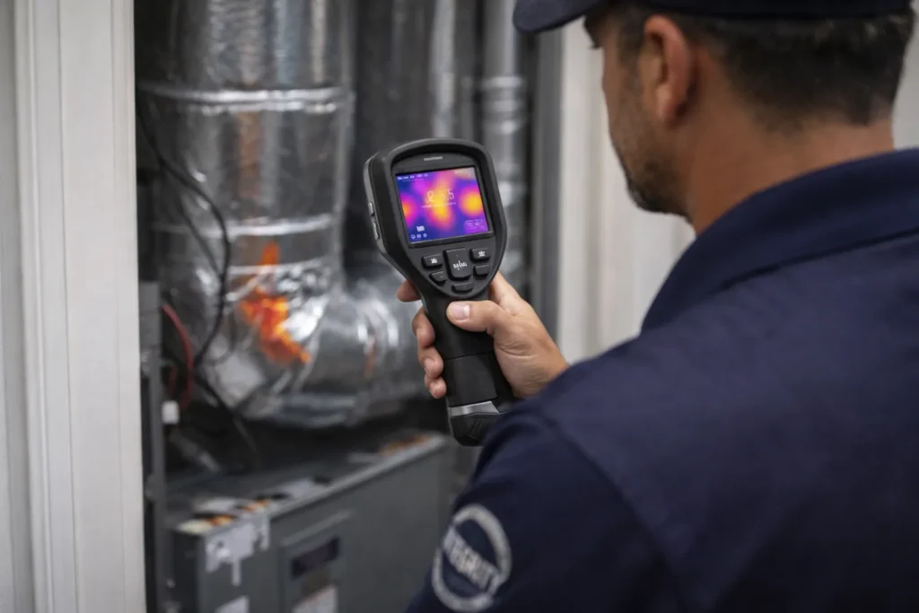 HVAC technician using handheld thermal imaging camera to inspect ductwork