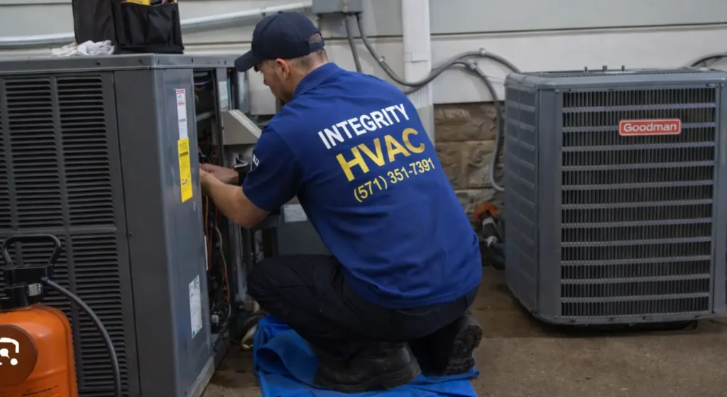 Technician diagnosing and repairing outdoor HVAC system components