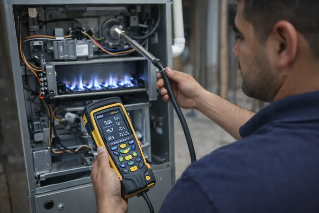 HVAC technician using combustion analyzer to test furnace burner performance above flames