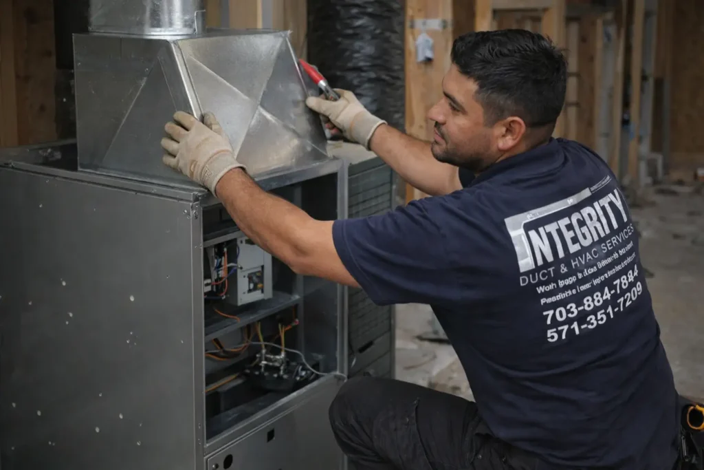 HVAC technician repairing ductwork during heating system service