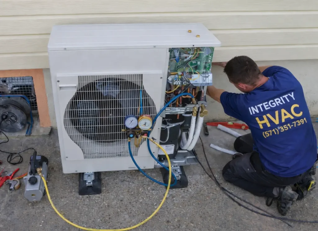 HVAC Installation Alexandria VA | HVAC technician repairing outdoor mini split condenser unit