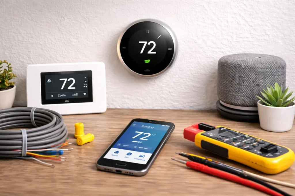 Smart thermostat and mobile phone with HVAC control app sitting on table before installation in Alexandria VA home