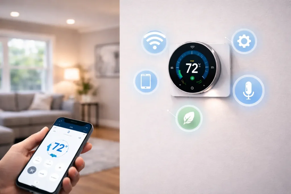 Smart thermostat installed on wall with homeowner controlling temperature from smartphone app in Alexandria VA